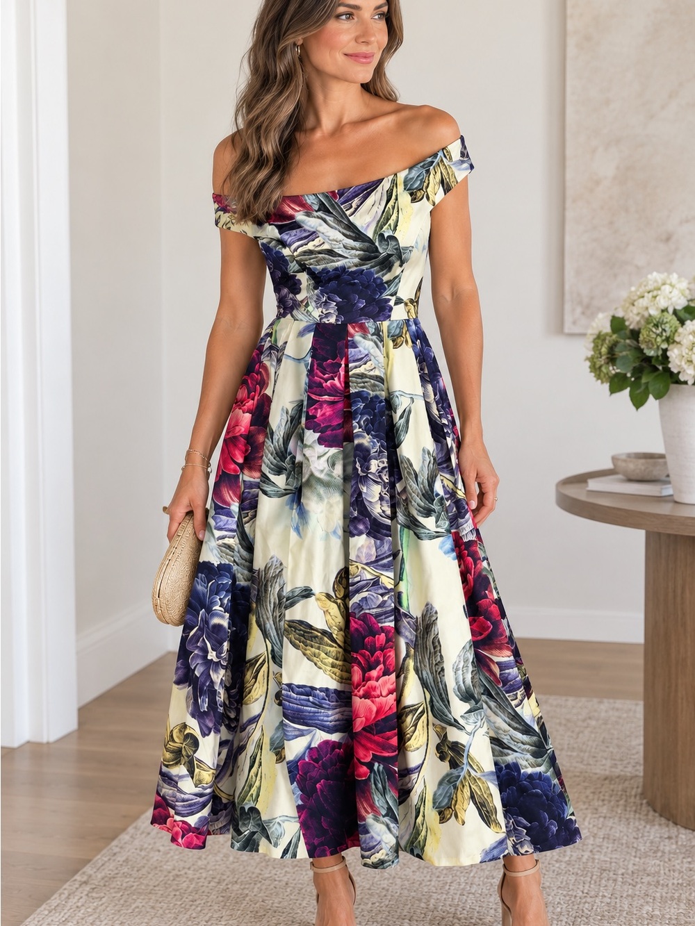 ASOS Cream Off-Shoulder Floral Midi Dress with Pink & Blue Blooms